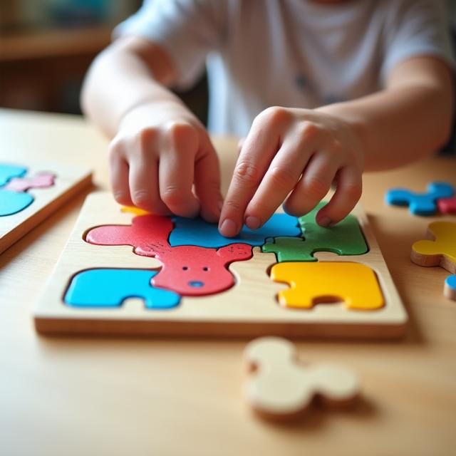 A close-up of a child's hands solving a colourful wooden animal puzzle.