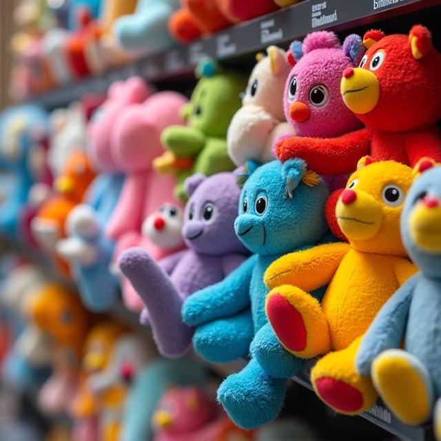 A colourful display of various licensed character plush toys and action figures.