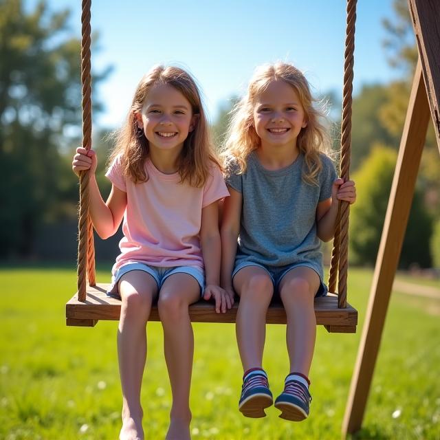 Two smiling children on a sturdy wooden swing set in a grassy backyard.