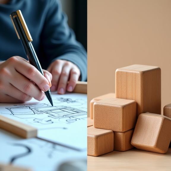 A split image showing a toy designer sketching a new concept and a close-up of smooth, non-toxic wooden toy blocks.